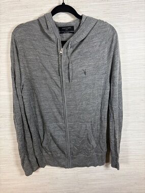 All Saints Men's Heather Gray Zip-Up Hoodie Sweater 100% Merino
